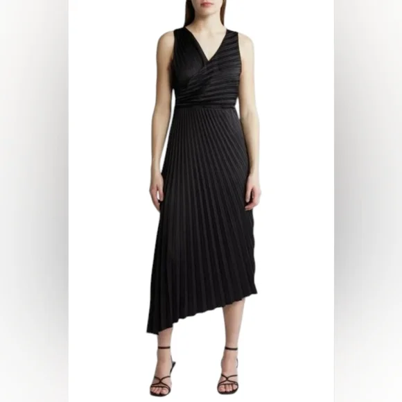 Sam Edelman Pleated Asymmetric Hem Satin Dress - Picture 1 of 12